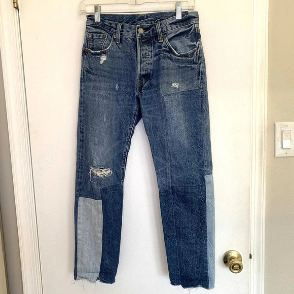 Levi's 501 Color-block Patchwork Ragged Lands Raw Hem Slim Straight Jeans - Picture 3 of 9